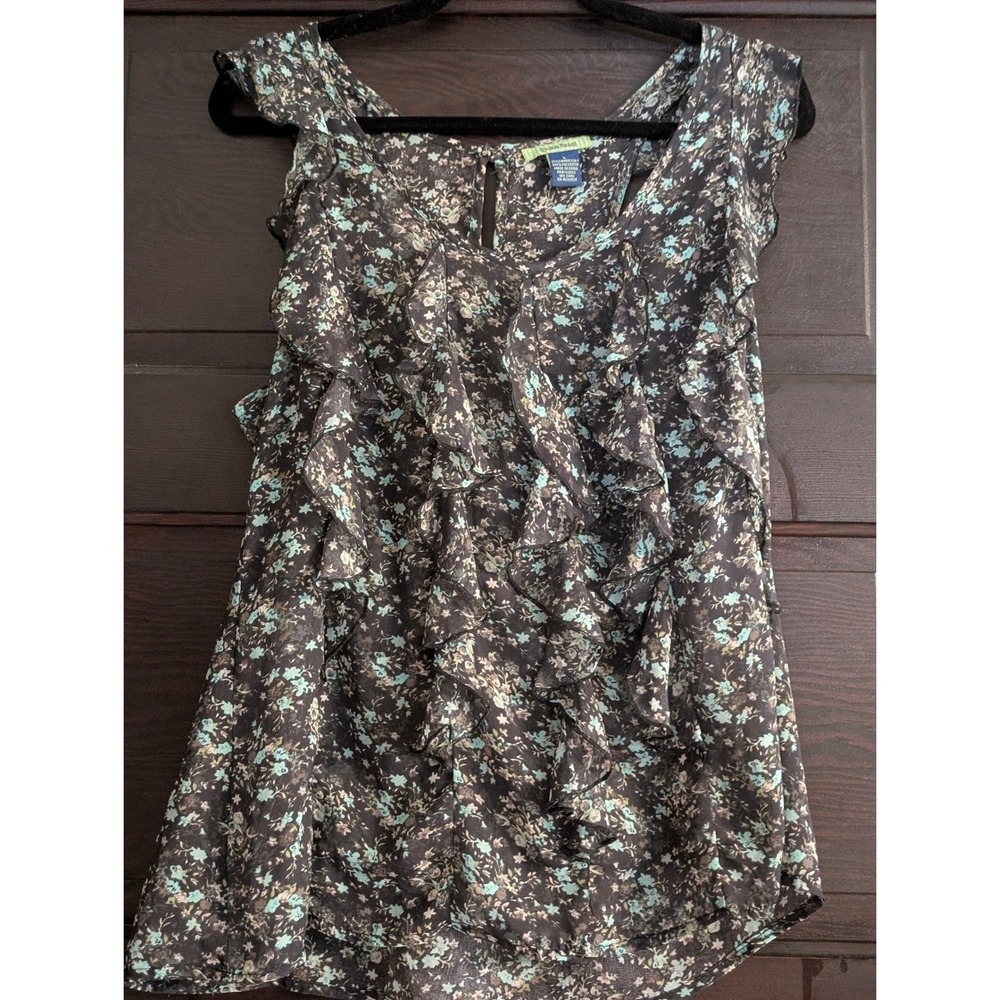 Free Hug Floral Ruffle Sleeveless Blouse Sheer V-Neck Top Navy Teal Large